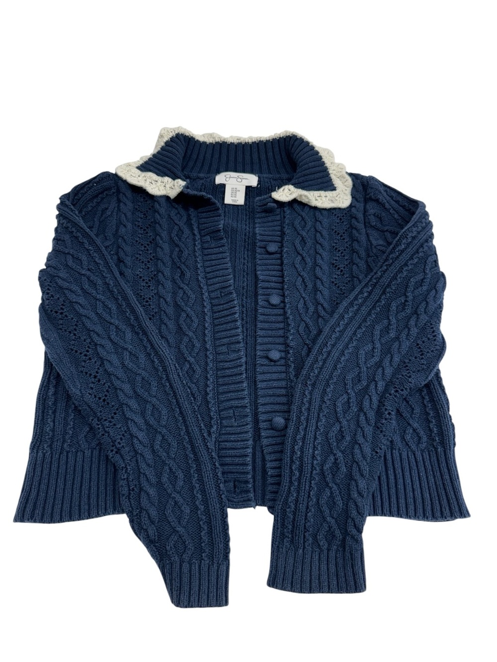 Jessica Simpson Navy Cable Knit Cardigan with Cream Scalloped Collar